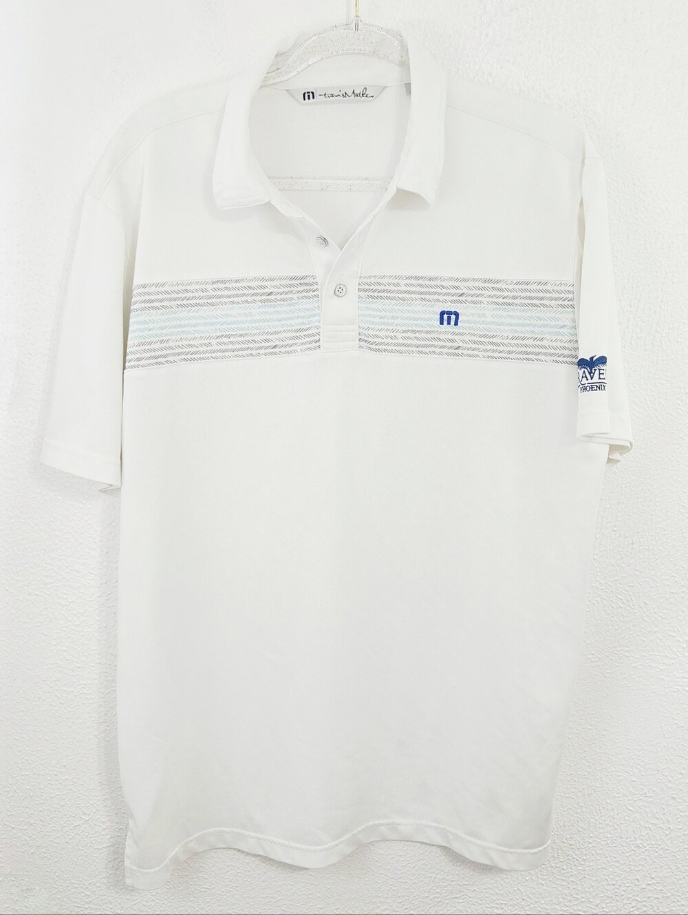 Travis Mathew white polo shirt aqua blue stripe chest collared men's size large